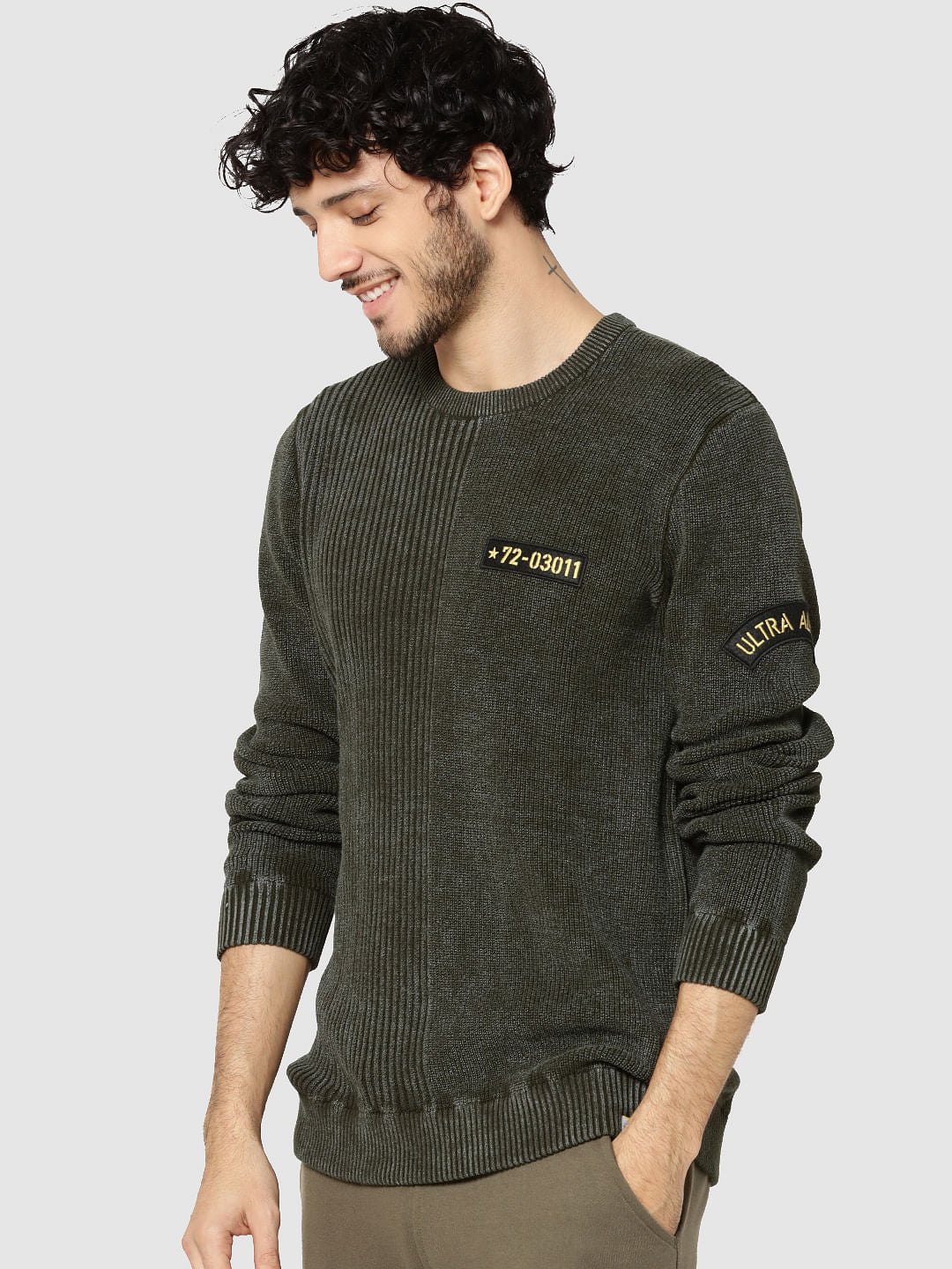 Olive Green Ribbed Badge Detail Sweater