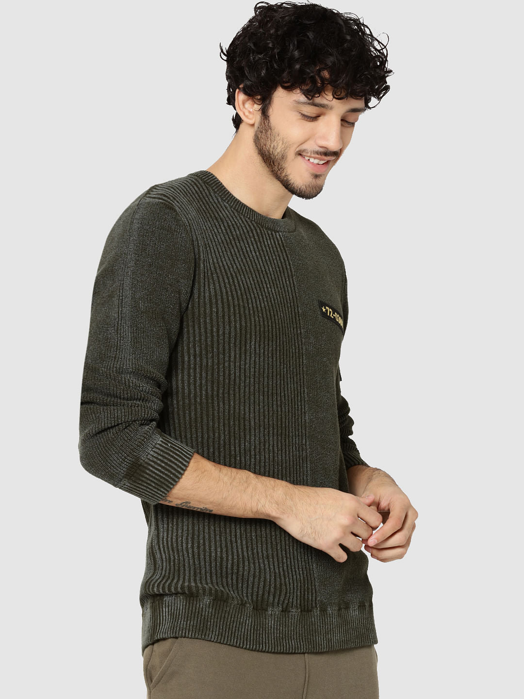 Olive Green Ribbed Badge Detail Sweater