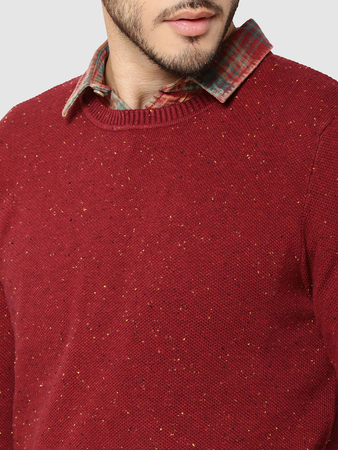 Red Textured Crew Neck Sweater