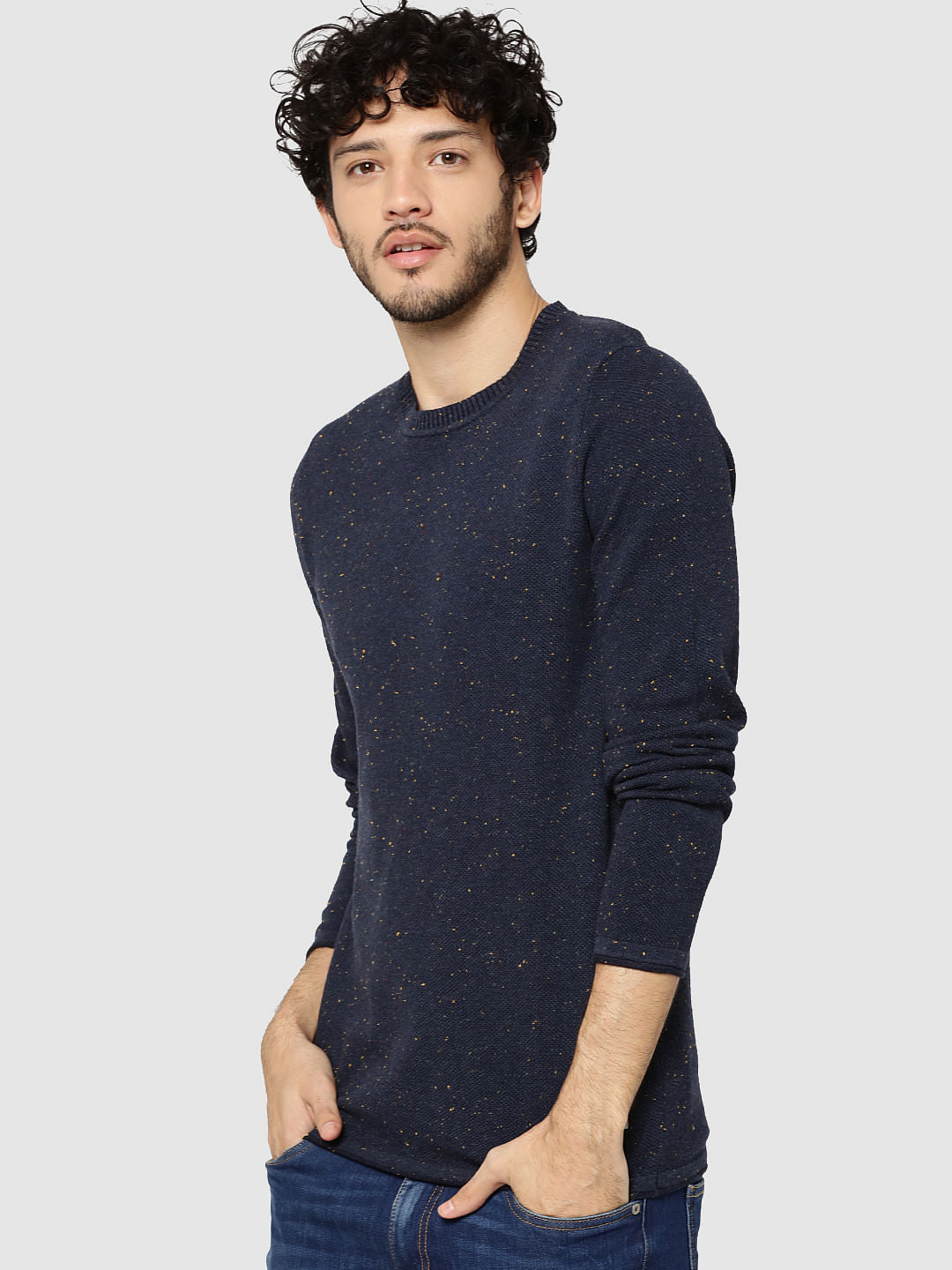 Dark Blue Textured Crew Neck Sweater