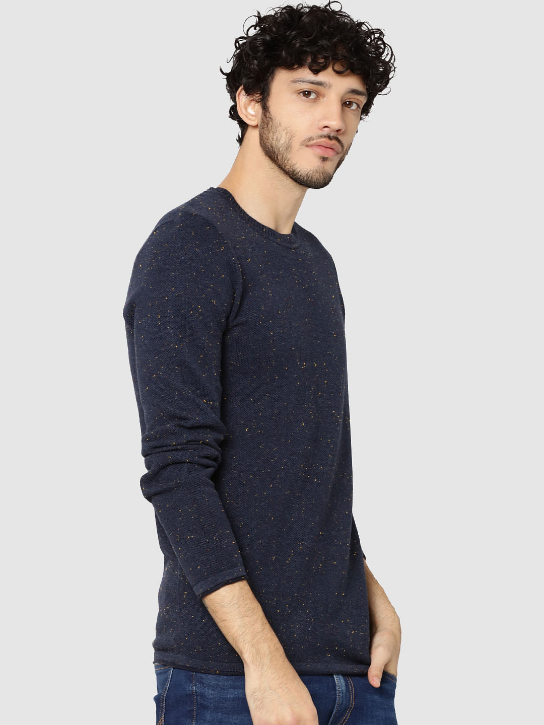 Dark Blue Textured Crew Neck Sweater