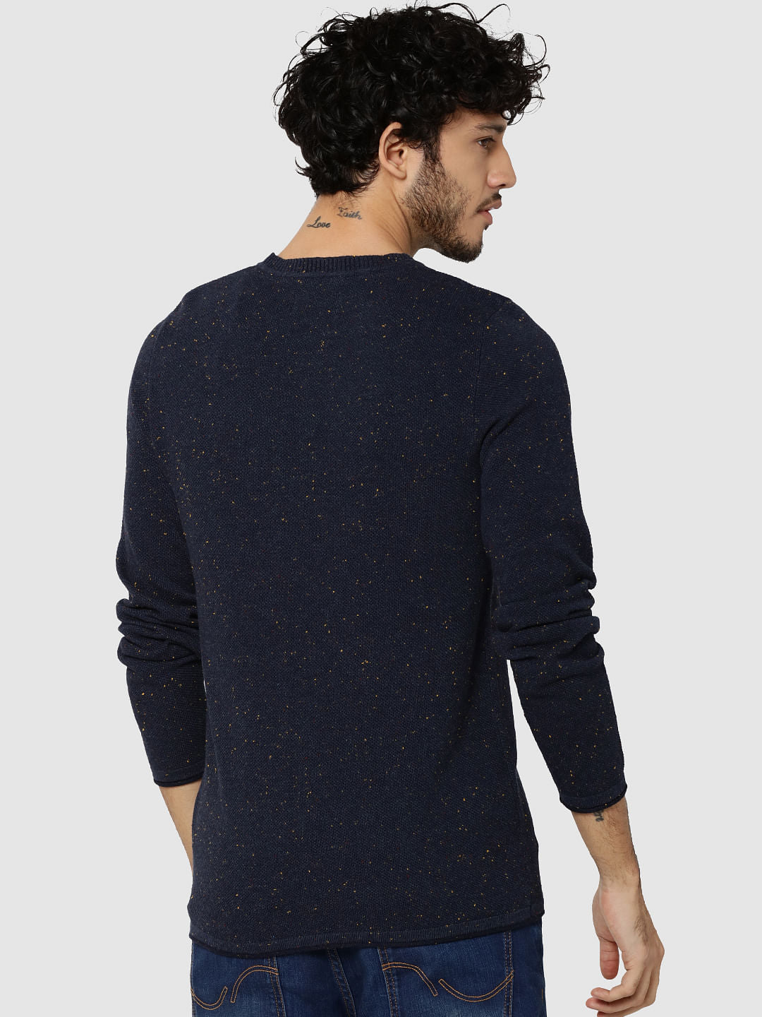 Dark Blue Textured Crew Neck Sweater
