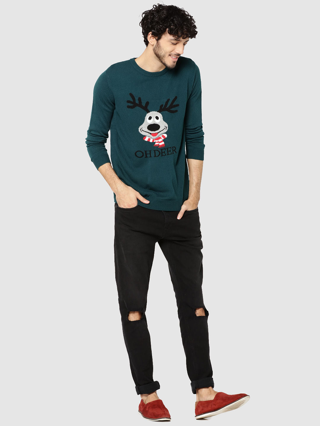 Green Deer Print Sweater