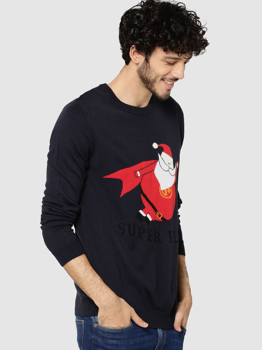 Dark Blue Santa Print Sweater
