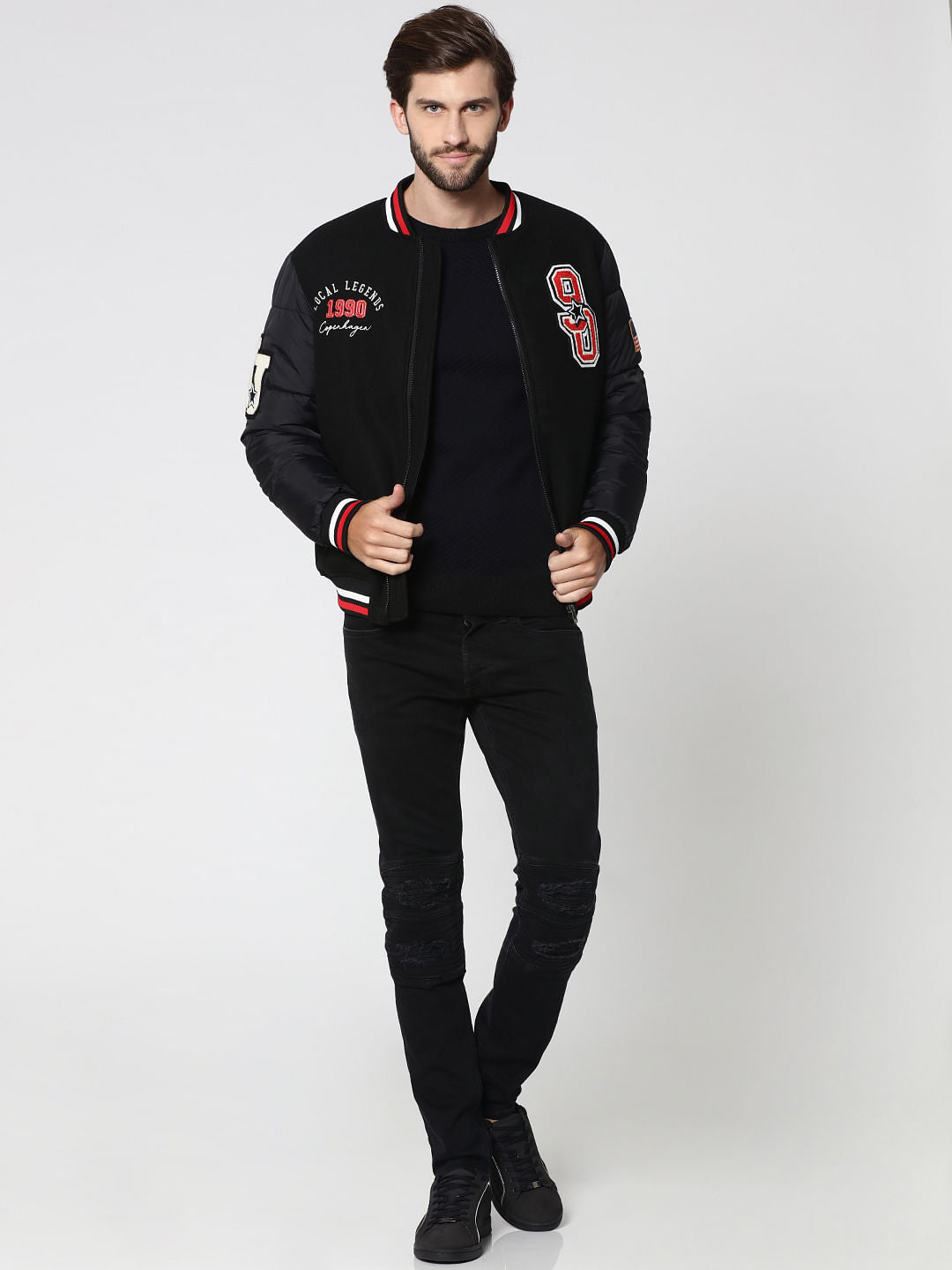 Black Graphic Print Bomber Jacket