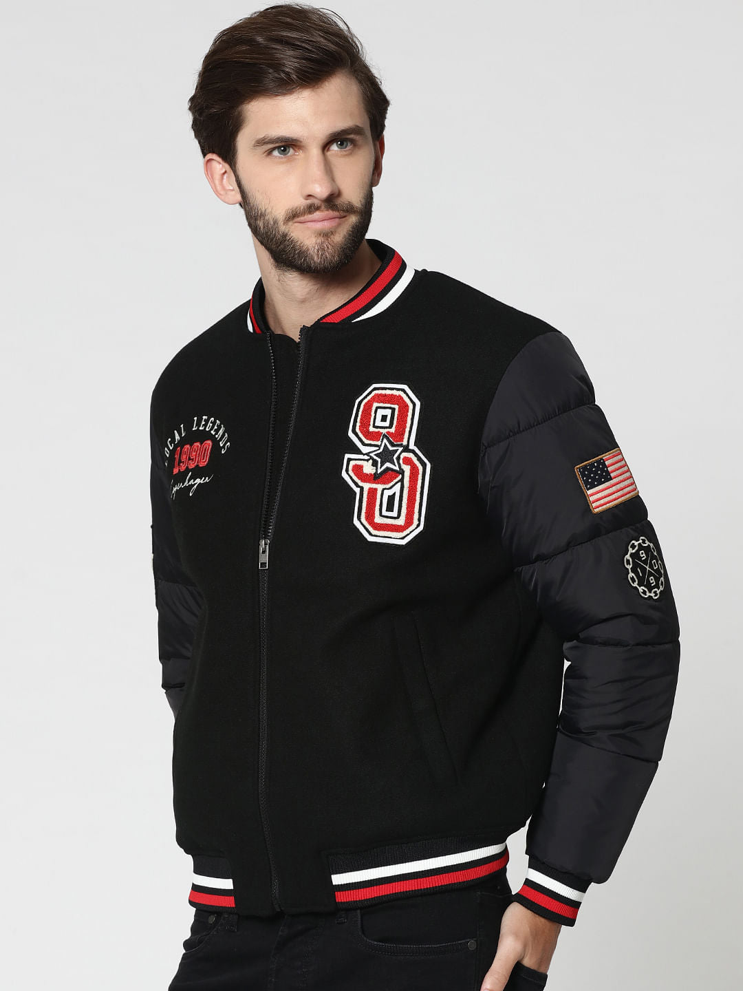 Black Graphic Print Bomber Jacket