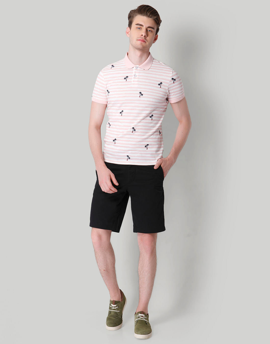 Pink Striped Palm Print Polo T-Shirt