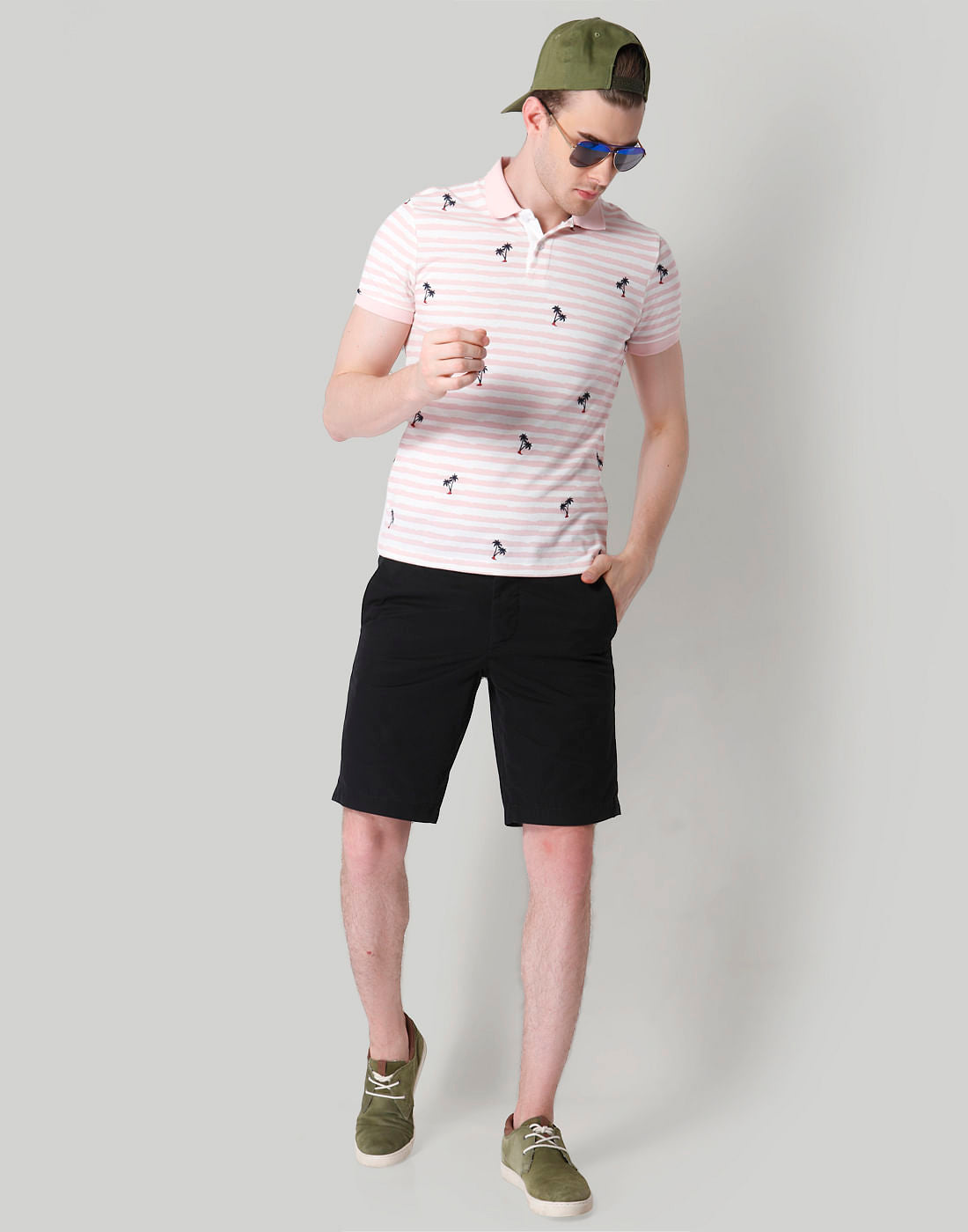 Pink Striped Palm Print Polo T-Shirt