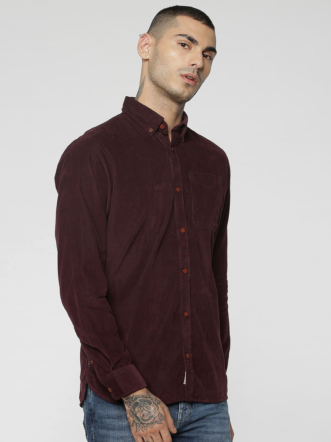 Maroon One Pocket Corduroy Full Sleeves Shirt