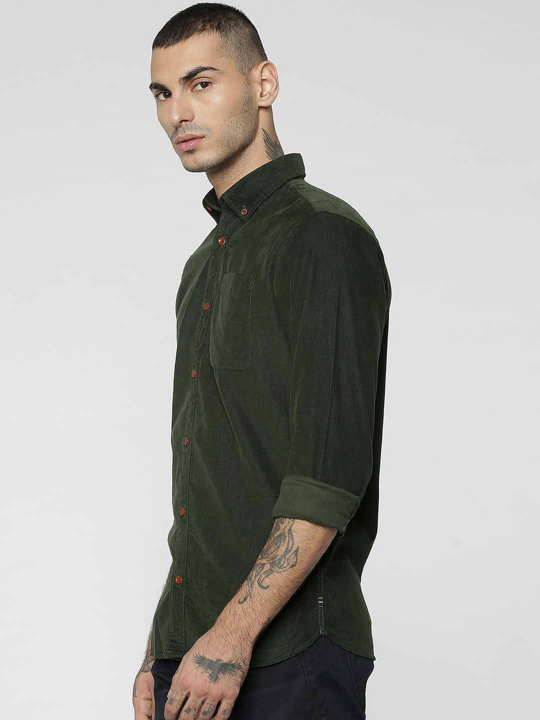 Olive Green One Pocket Corduroy Full Sleeves Shirt
