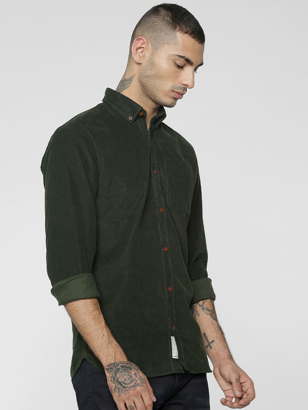Olive Green One Pocket Corduroy Full Sleeves Shirt