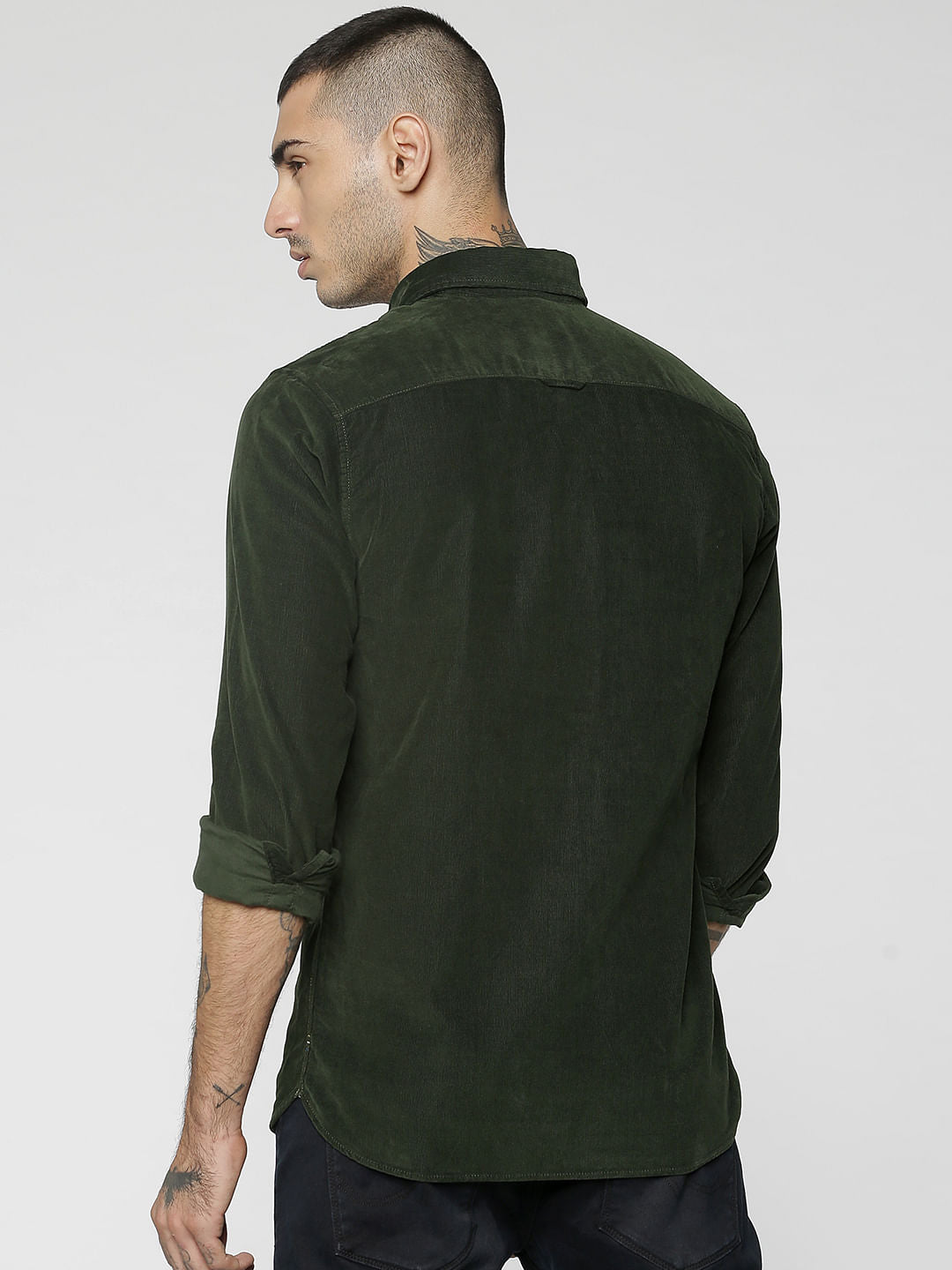 Olive Green One Pocket Corduroy Full Sleeves Shirt