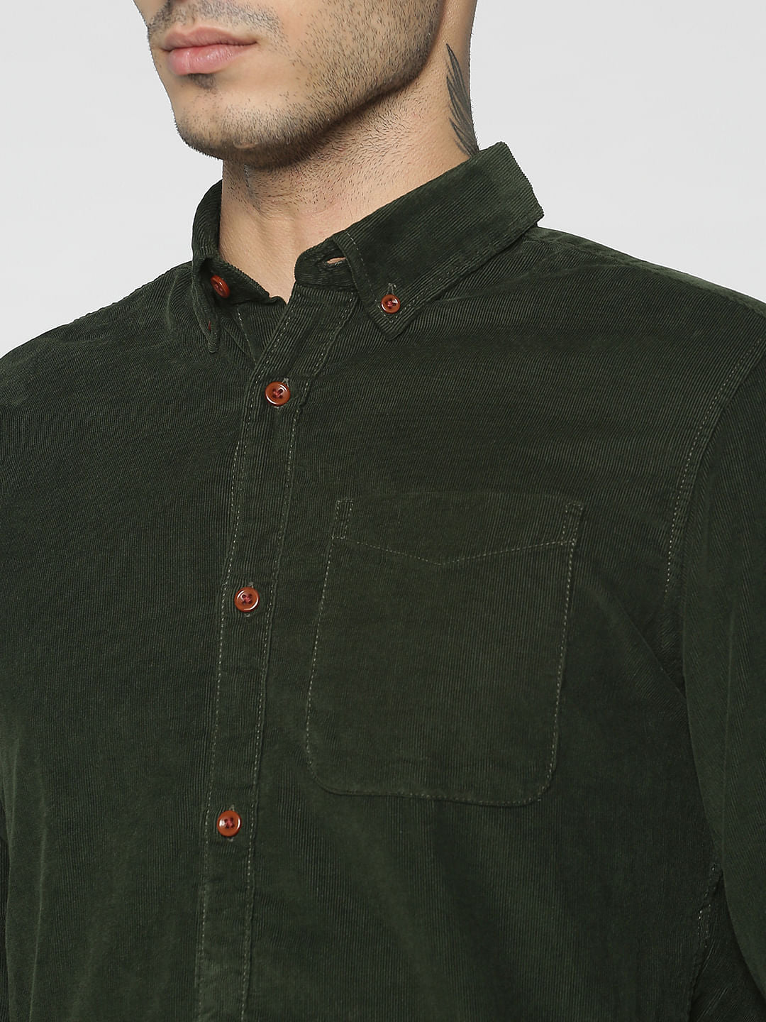 Olive Green One Pocket Corduroy Full Sleeves Shirt