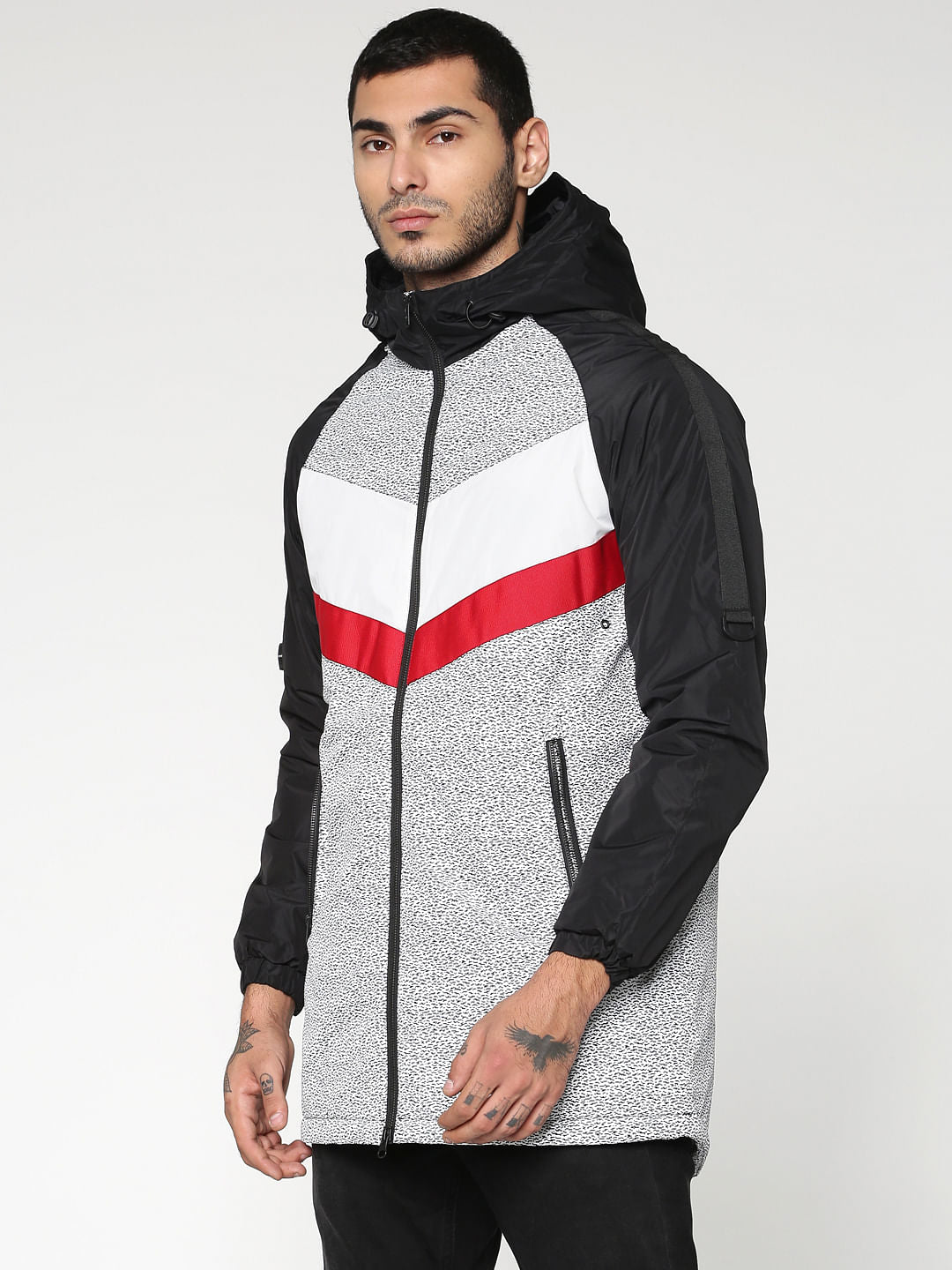 Black Colour Blocked Hooded Zip Up Casual Jacket