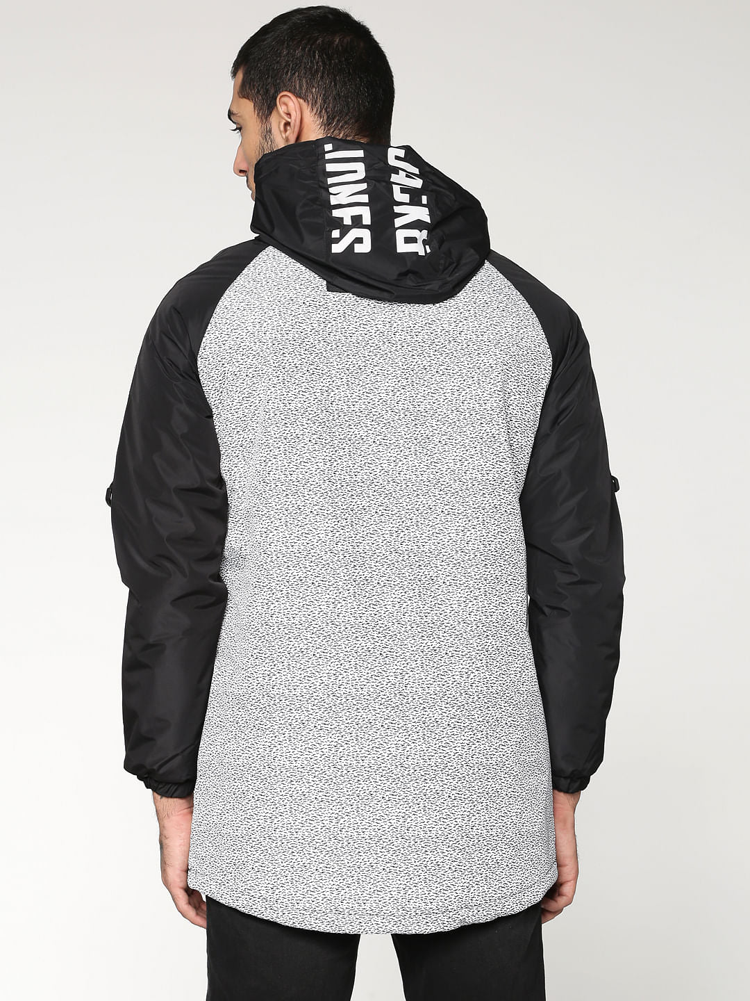Black Colour Blocked Hooded Zip Up Casual Jacket