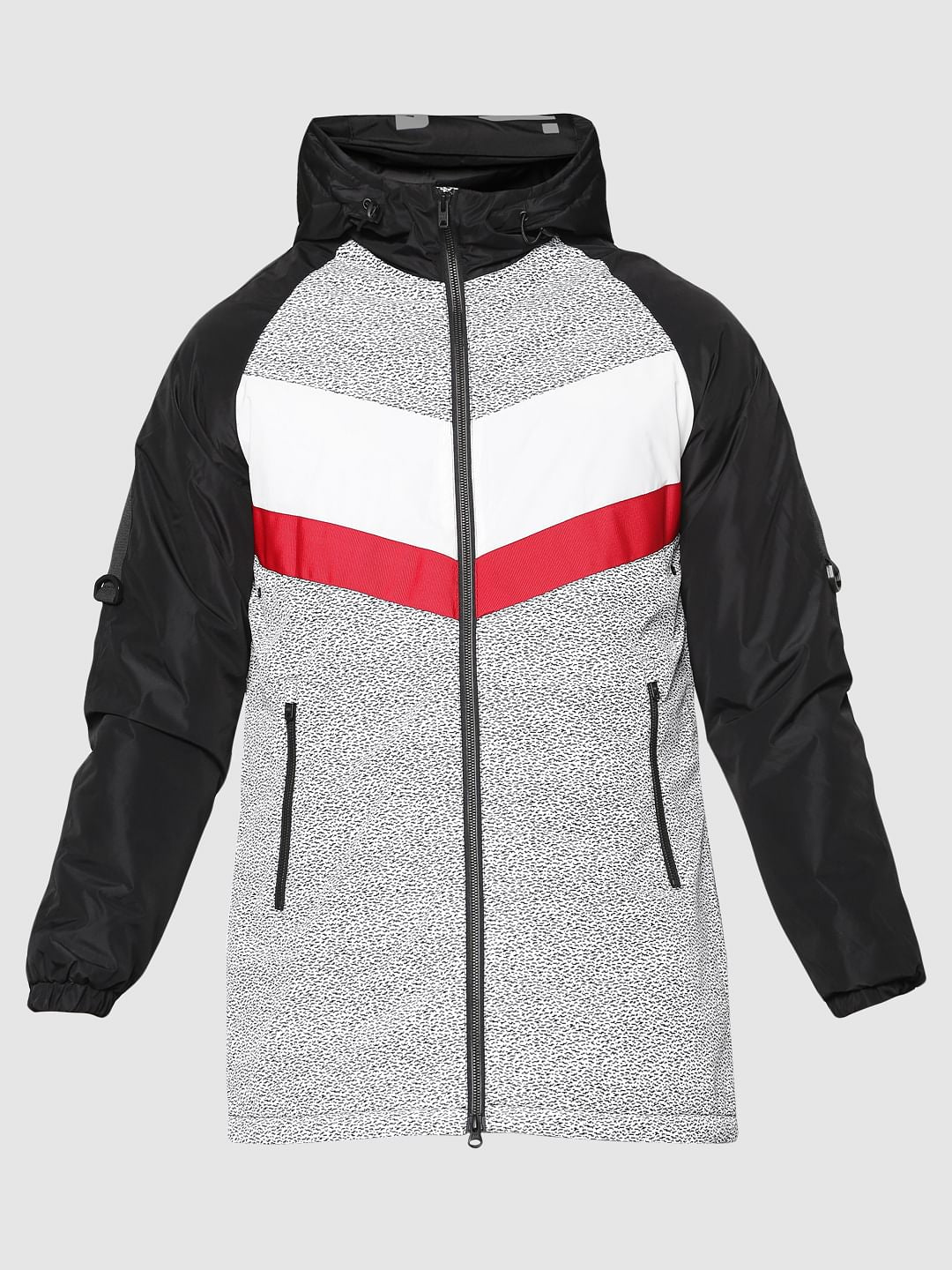 Black Colour Blocked Hooded Zip Up Casual Jacket
