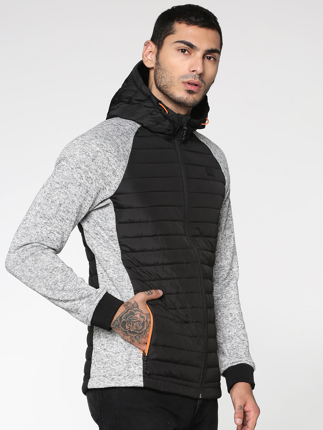 Light Grey Colour Blocked Hooded Bomber Jacket