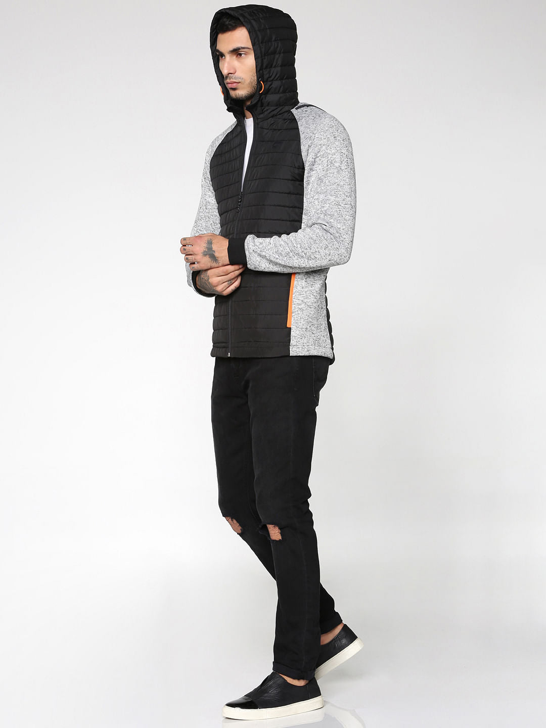 Light Grey Colour Blocked Hooded Bomber Jacket