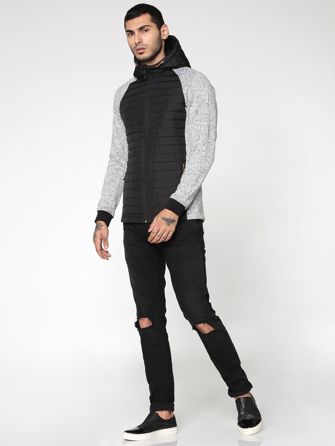 Light Grey Colour Blocked Hooded Bomber Jacket
