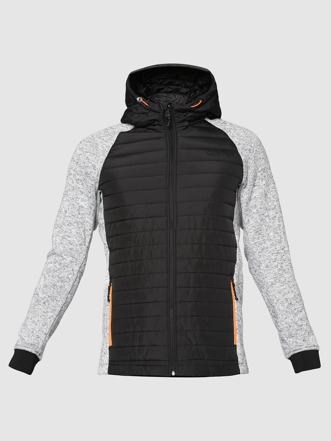 Light Grey Colour Blocked Hooded Bomber Jacket