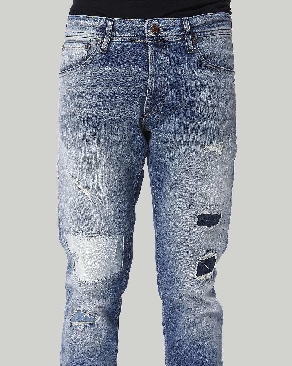 Light Blue Distressed Low Rise Slim Fit Jeans