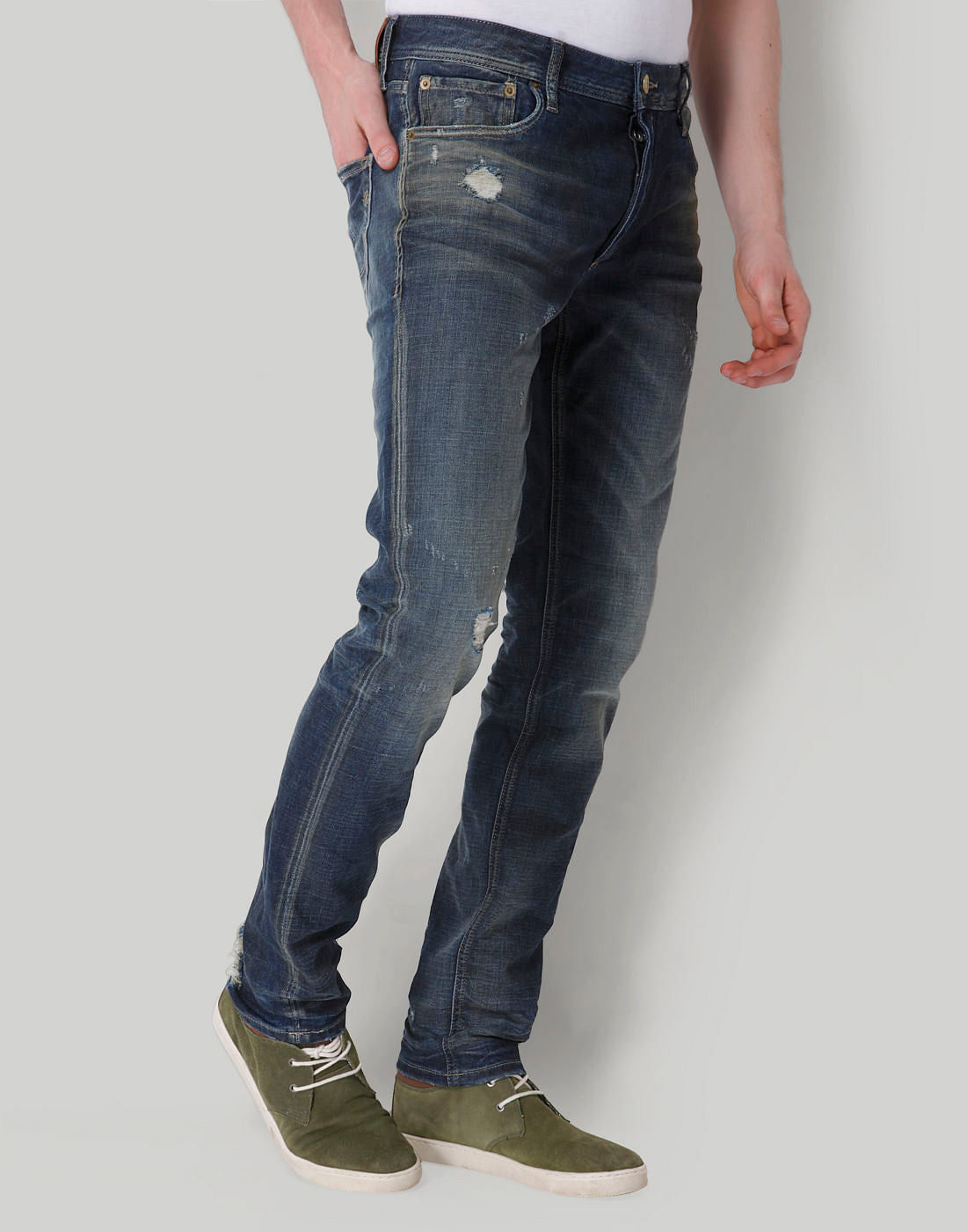 Blue Distressed Low Rise Slim Fit Jeans