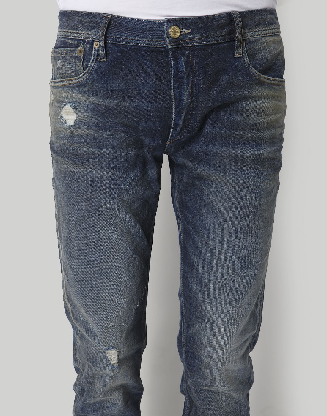 Blue Distressed Low Rise Slim Fit Jeans