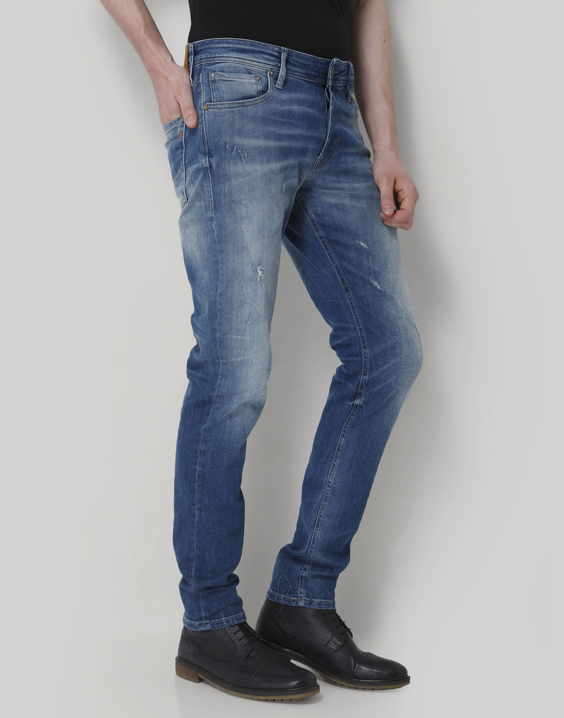 Blue Distressed Low Rise Slim Fit Jeans