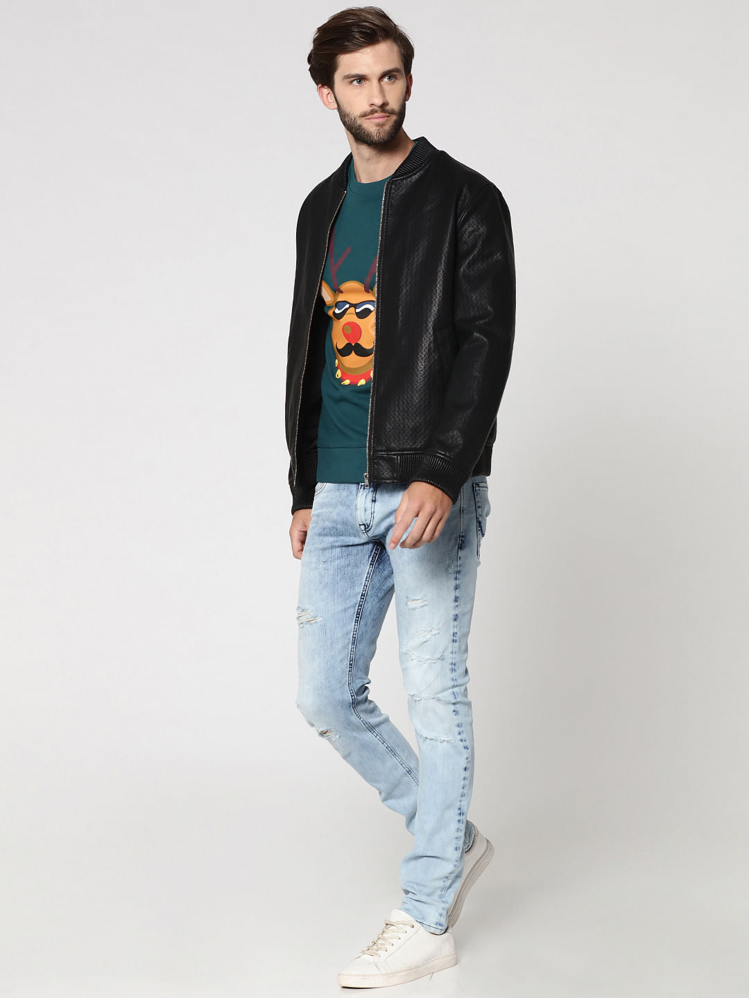 Green Reindeer Print Crew Neck Pullover