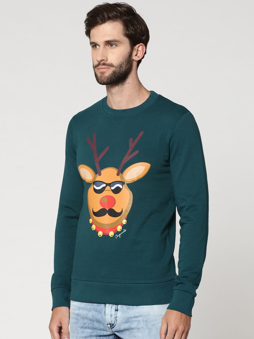 Green Reindeer Print Crew Neck Pullover