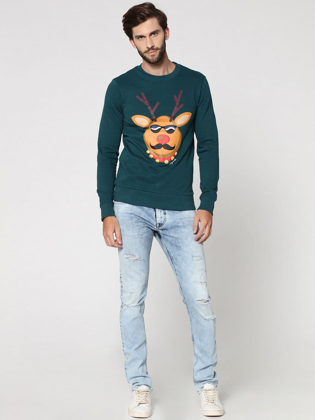 Green Reindeer Print Crew Neck Pullover