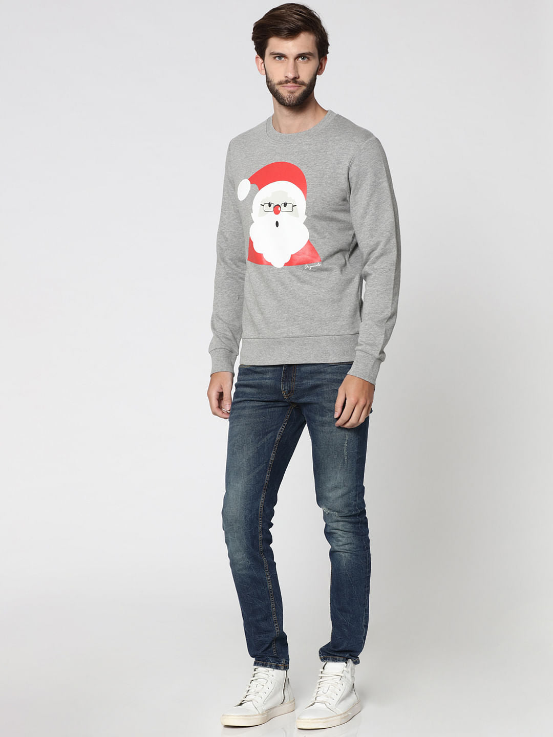 Light Grey Santa Print Crew Neck Sweatshirt