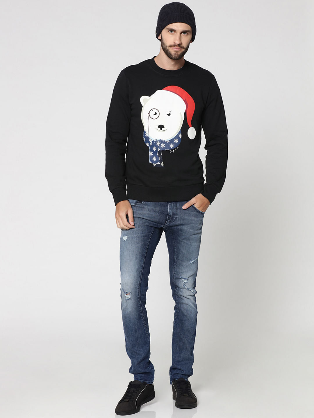 Black Polar Bear Print Crew Neck Sweatshirt