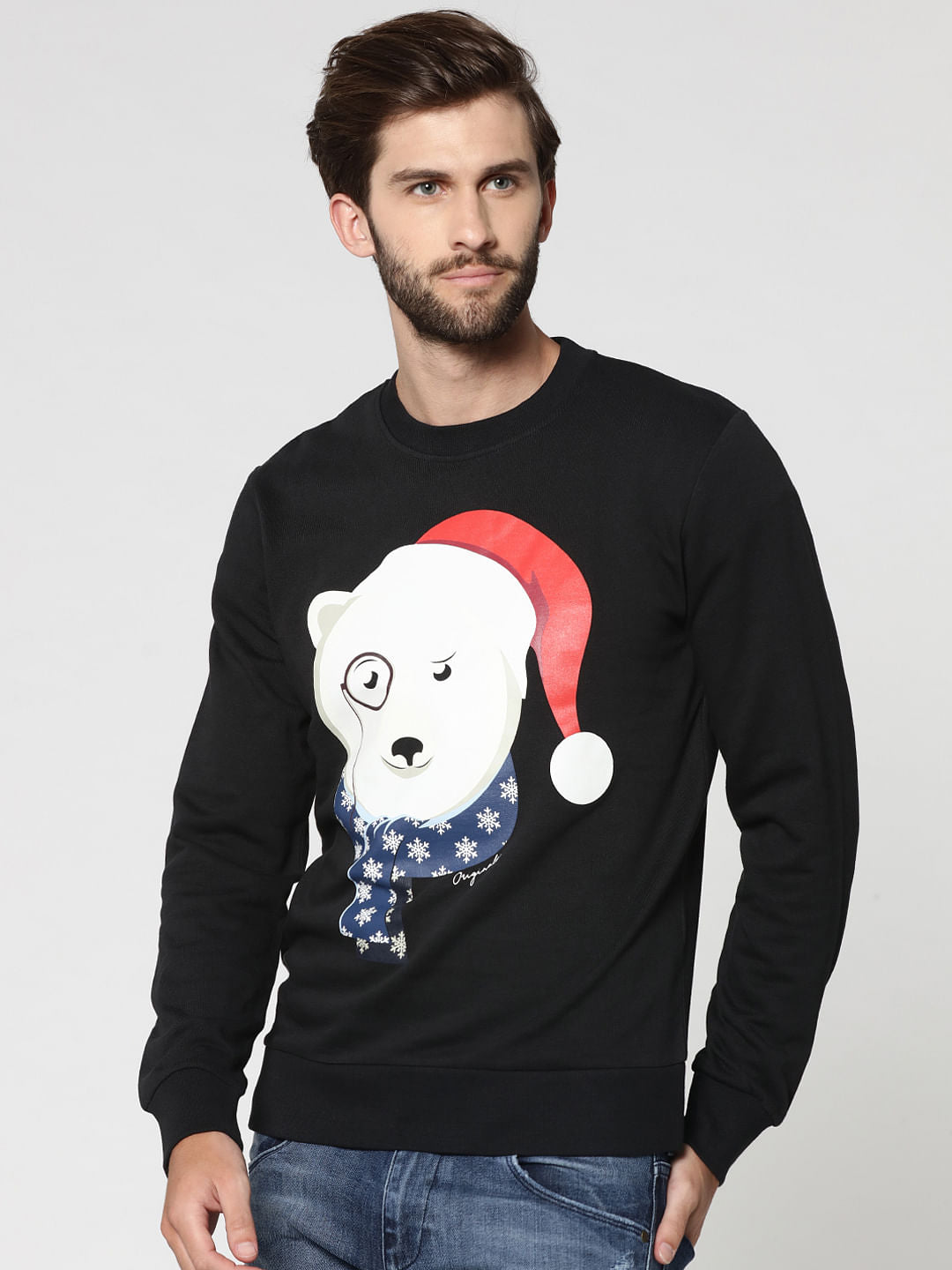 Black Polar Bear Print Crew Neck Sweatshirt