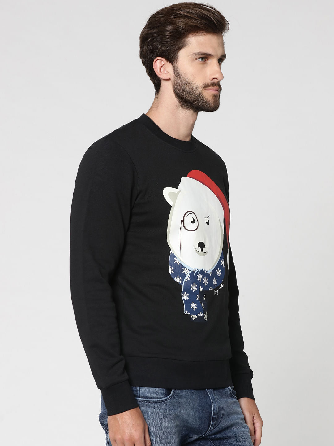 Black Polar Bear Print Crew Neck Sweatshirt