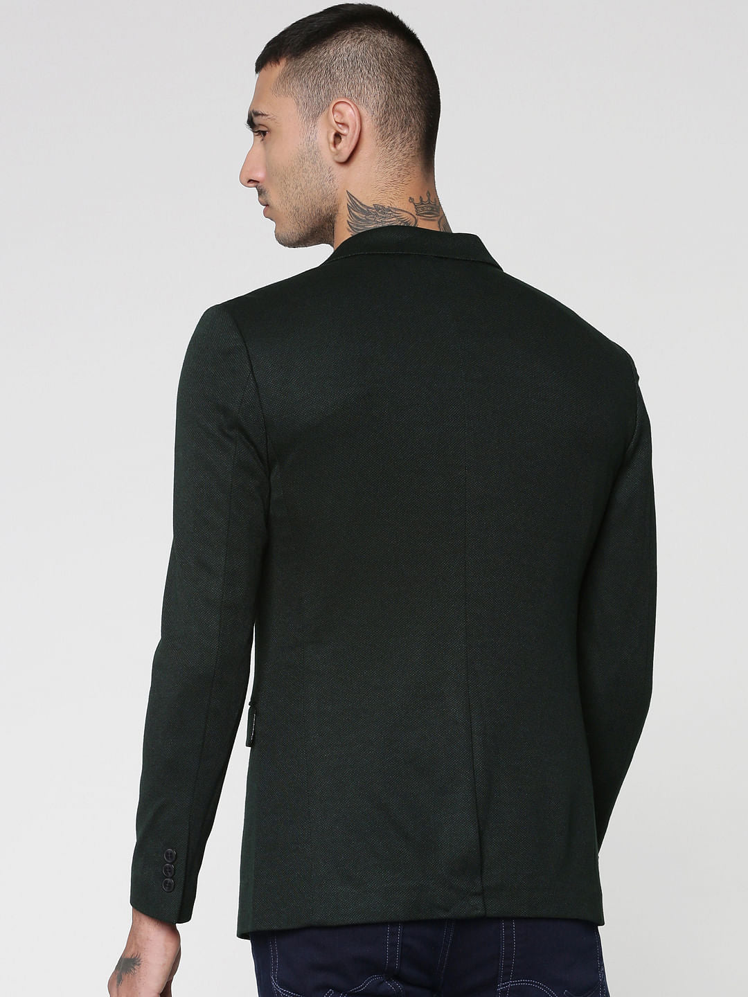 Green Textured Weave Double Button Slim Fit Blazer