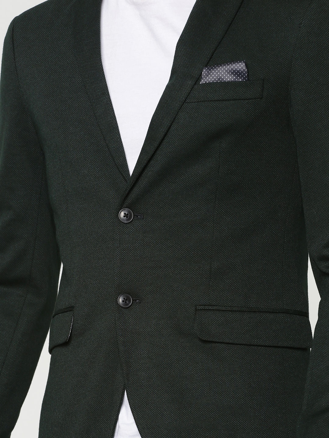 Green Textured Weave Double Button Slim Fit Blazer