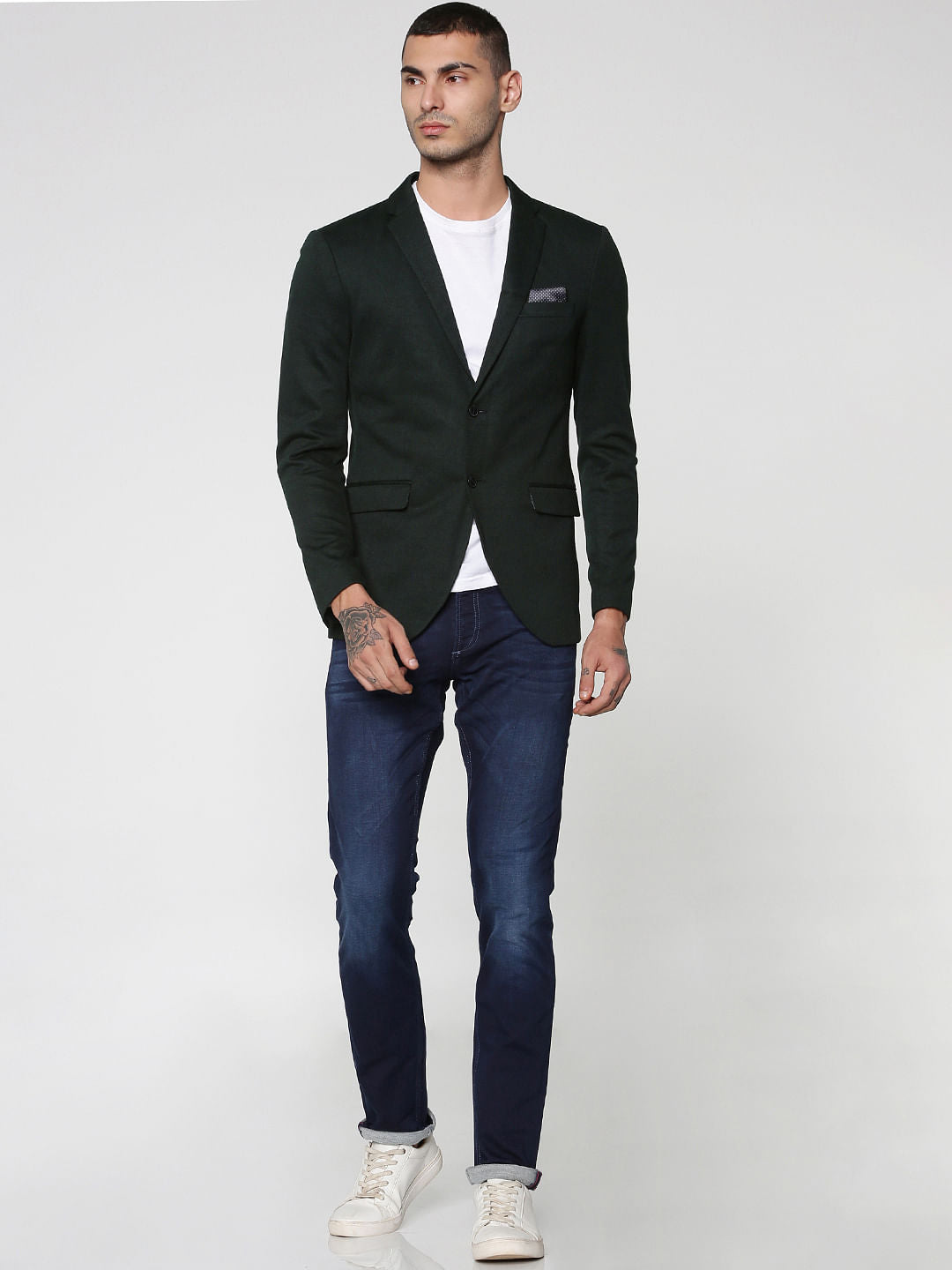 Green Textured Weave Double Button Slim Fit Blazer