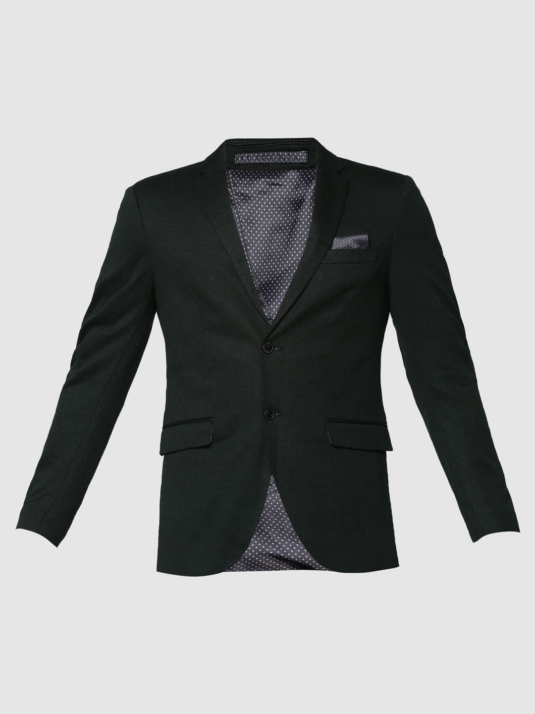 Green Textured Weave Double Button Slim Fit Blazer