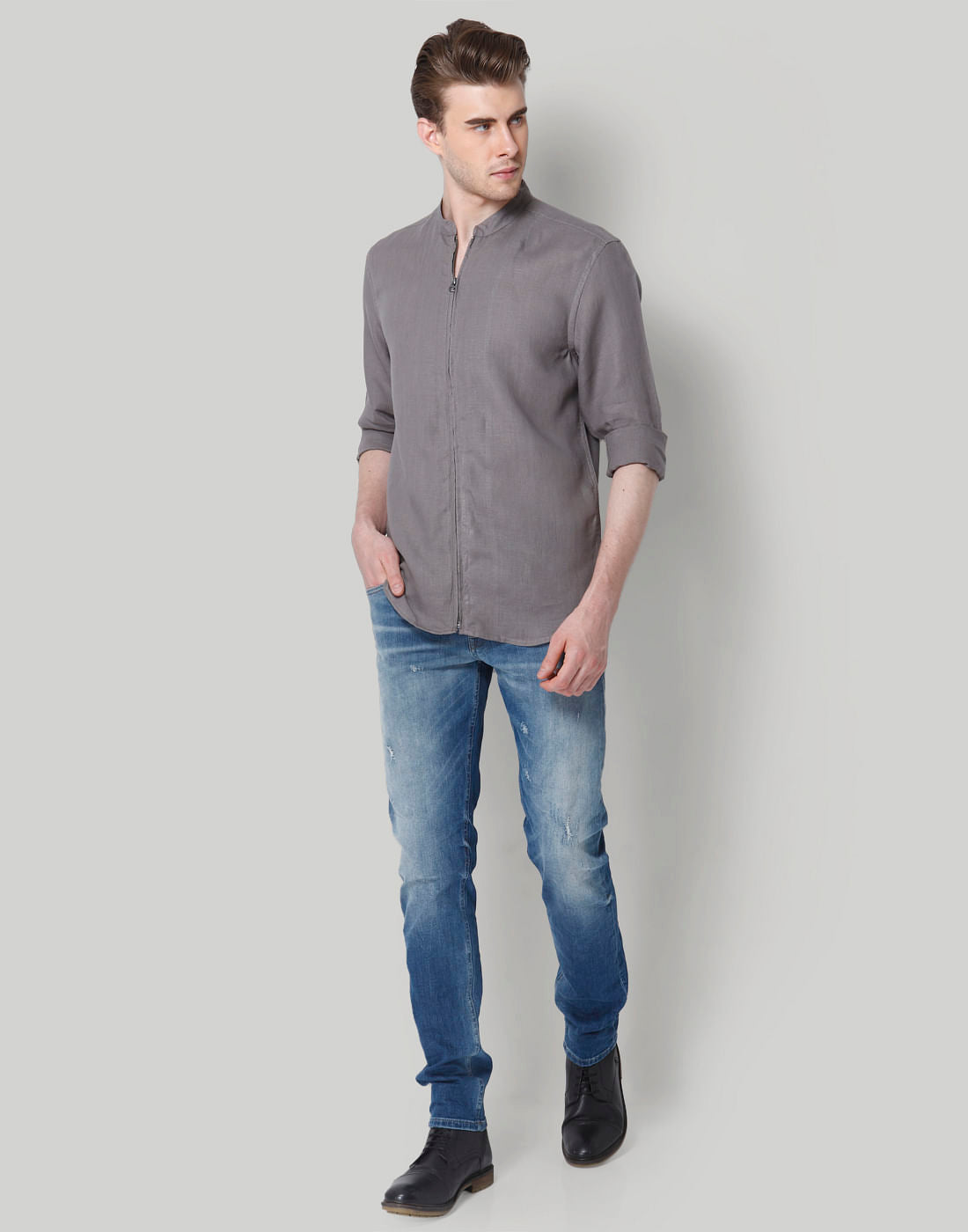 Grey Mandarin Collar Linen Shirt