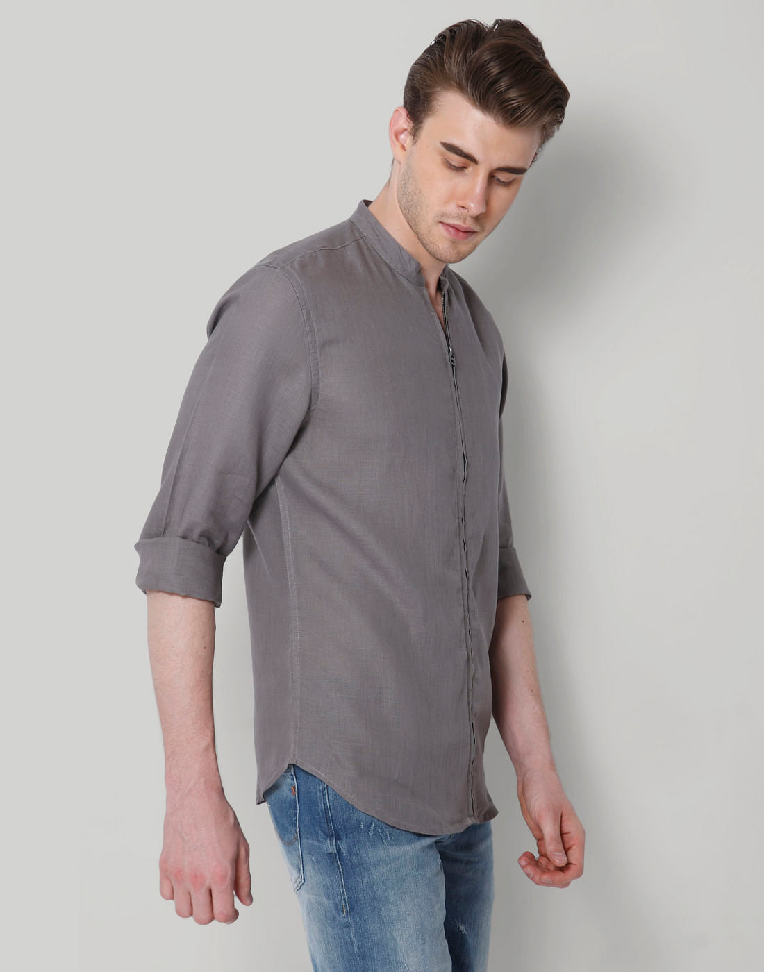 Grey Mandarin Collar Linen Shirt