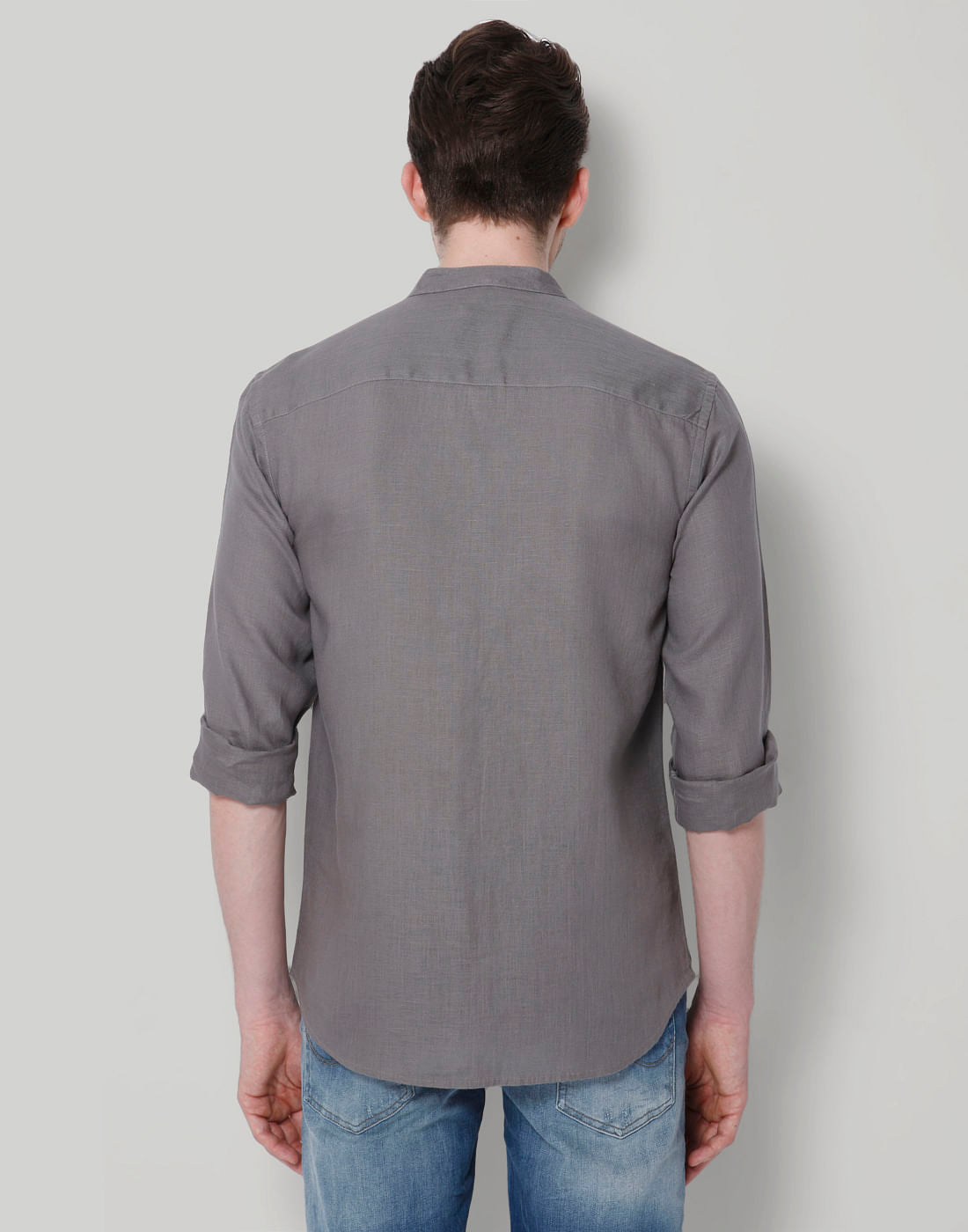 Grey Mandarin Collar Linen Shirt
