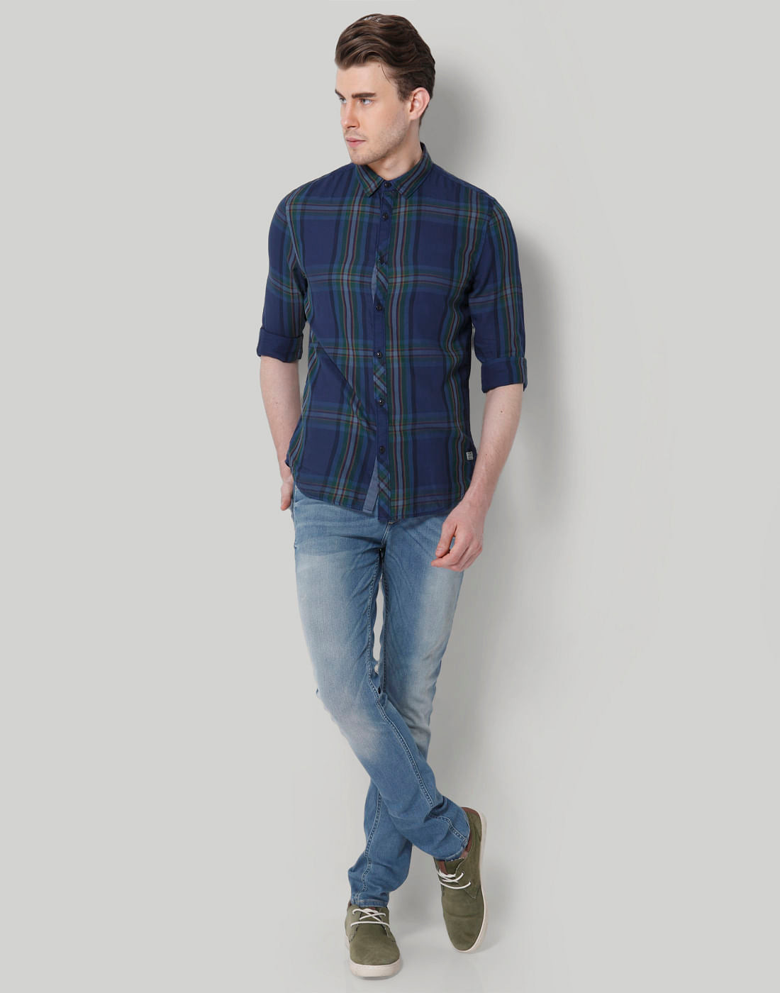 Blue & Green Check Slim Fit Shirt