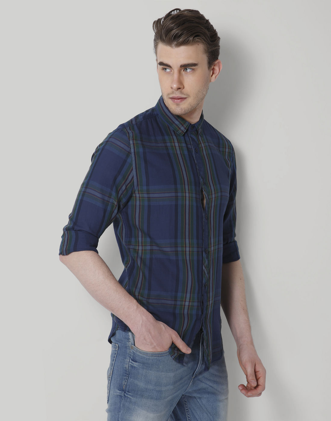 Blue & Green Check Slim Fit Shirt