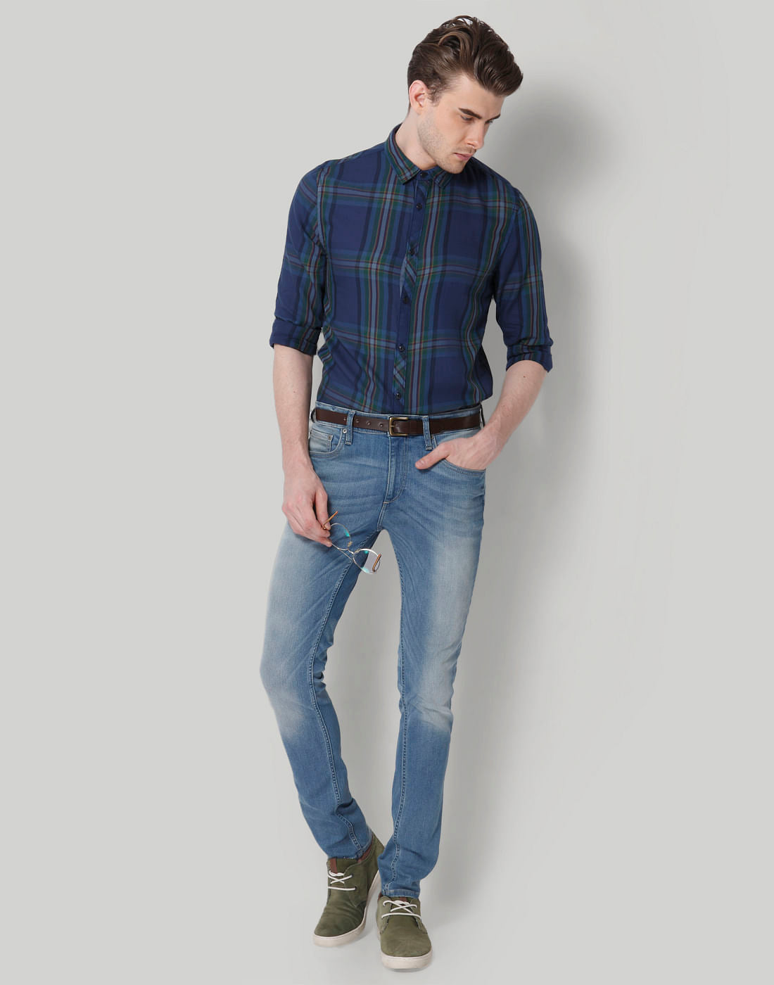 Blue & Green Check Slim Fit Shirt