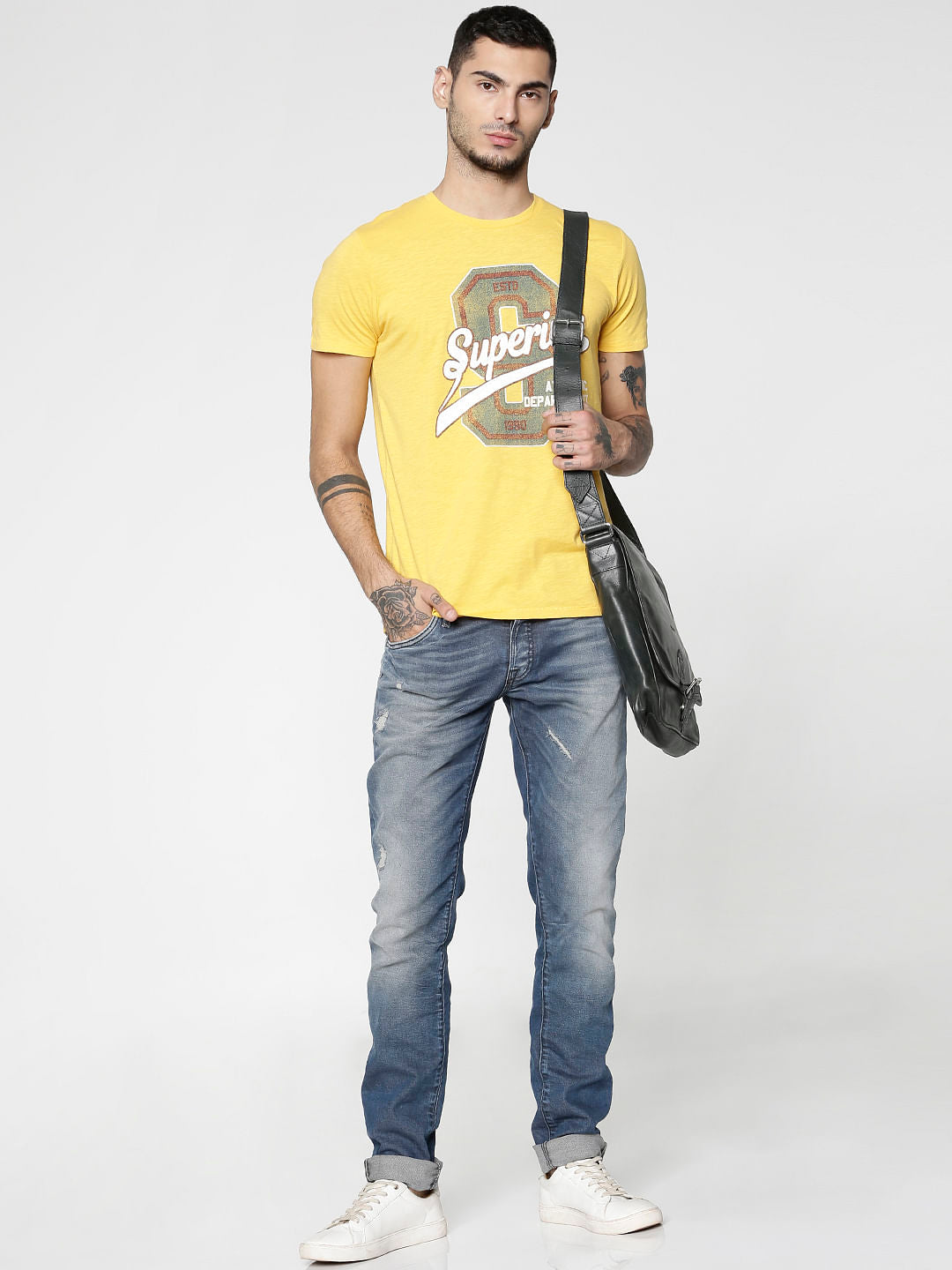 Yellow Text Print Crew Neck T-Shirt