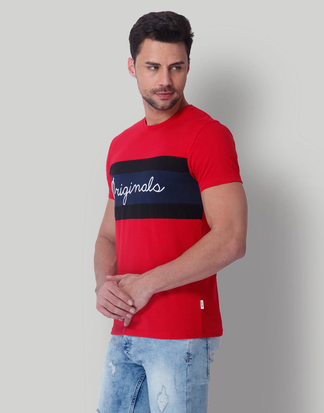 Red Colour Blocked Crew Neck T-Shirt