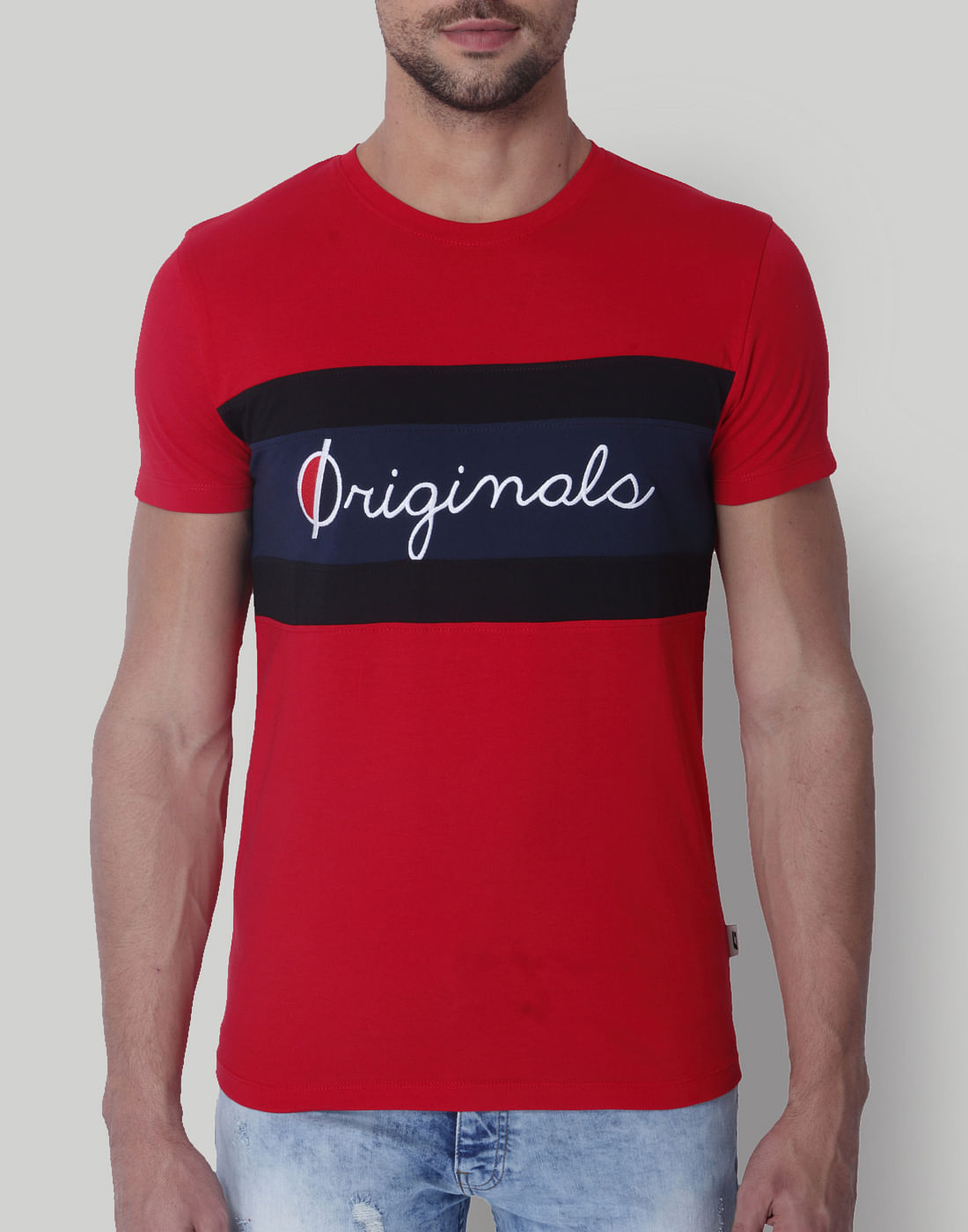 Red Colour Blocked Crew Neck T-Shirt