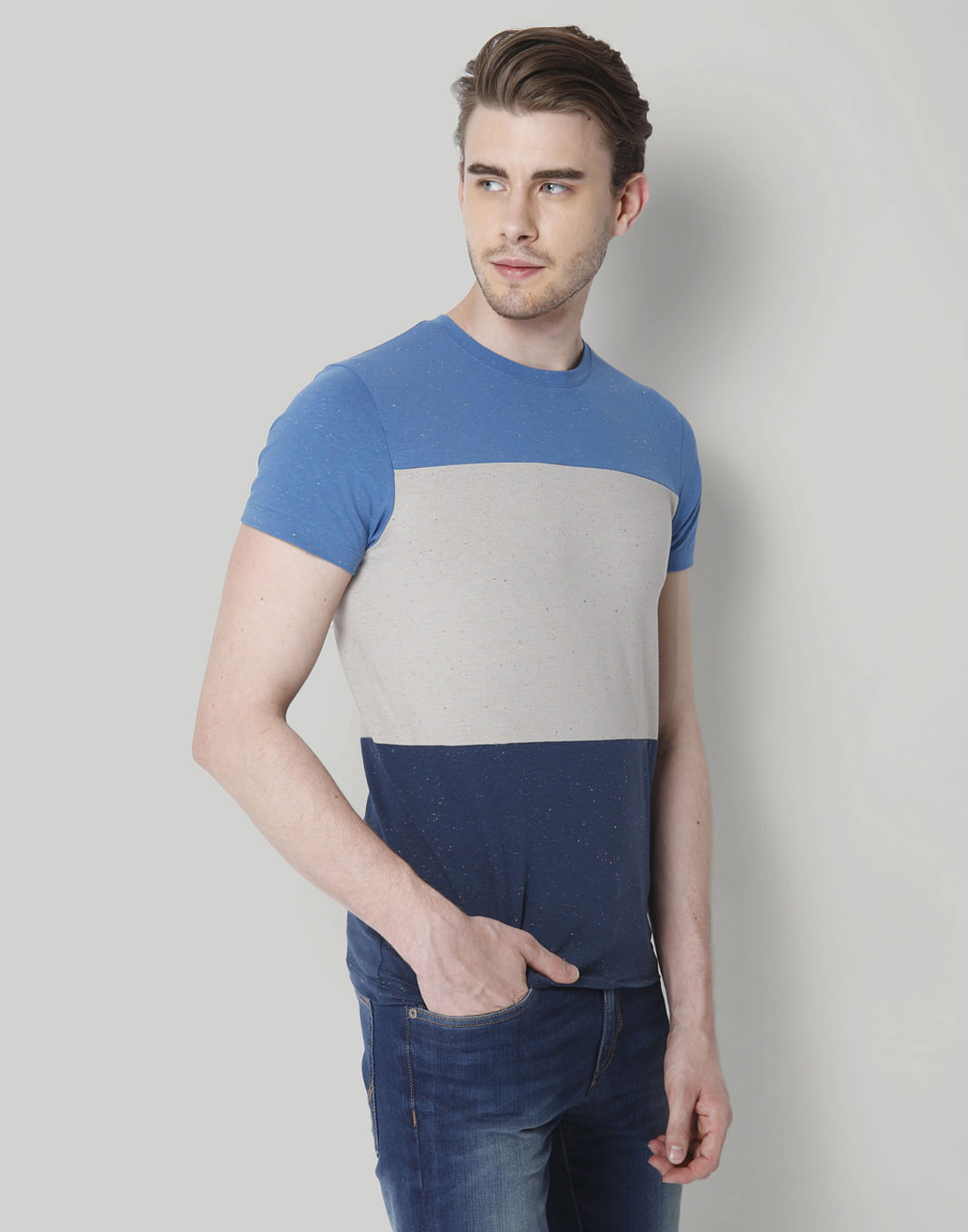 Blue Colour Blocked Crew Neck T-Shirt