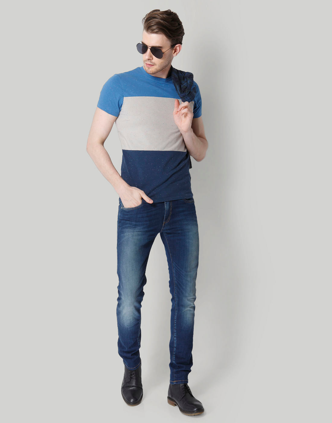 Blue Colour Blocked Crew Neck T-Shirt